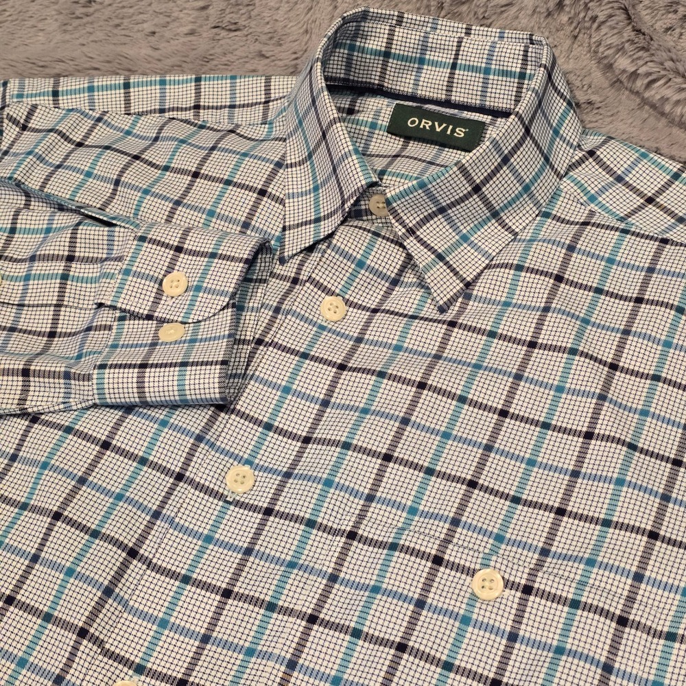 Orvis Mens Wrinkle Free Plaid Button Down Shirt Blue‎ White Cotton Size M